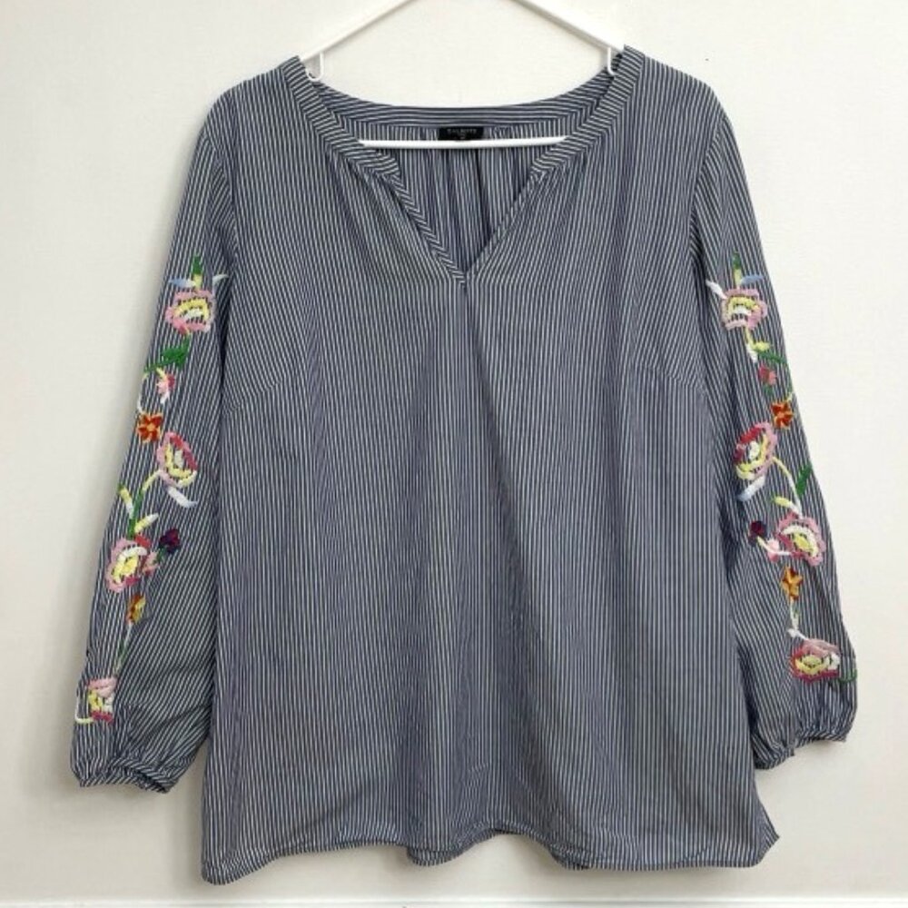 Talbots Woman Blouse Top 1X Blue & White Stripe Embroidered Sleeves Peasant Boho